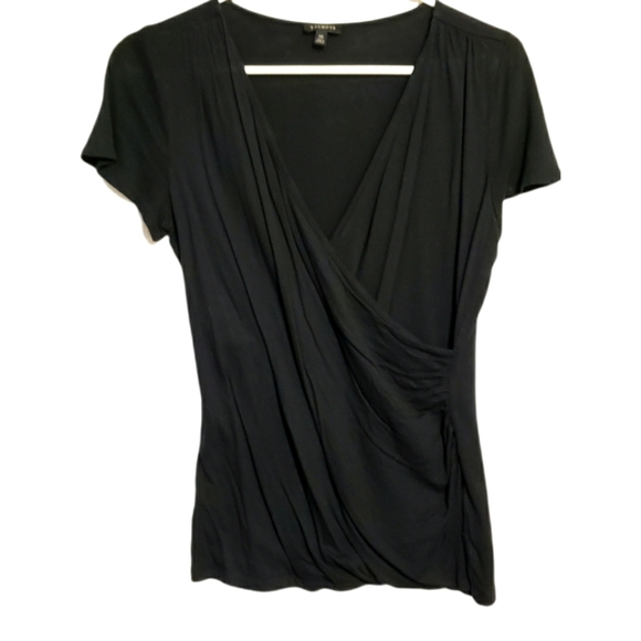 Talbots Black Short Sleeve Deep V Draped Faux Wrap Top in XS - Picture 1 of 6